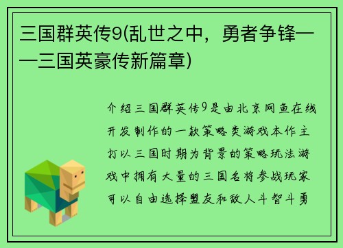 三国群英传9(乱世之中，勇者争锋——三国英豪传新篇章)